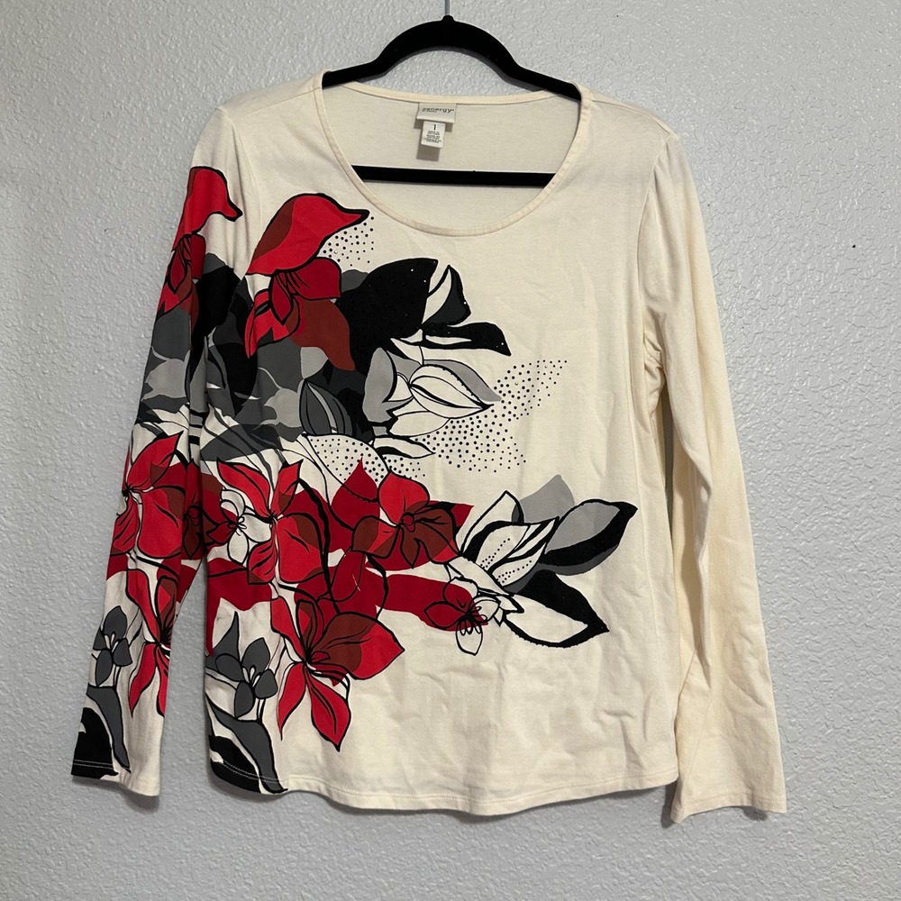 Chicos Zenergy Cream Floral Long Sleeve Stretch Top Red Grey Size 1 M